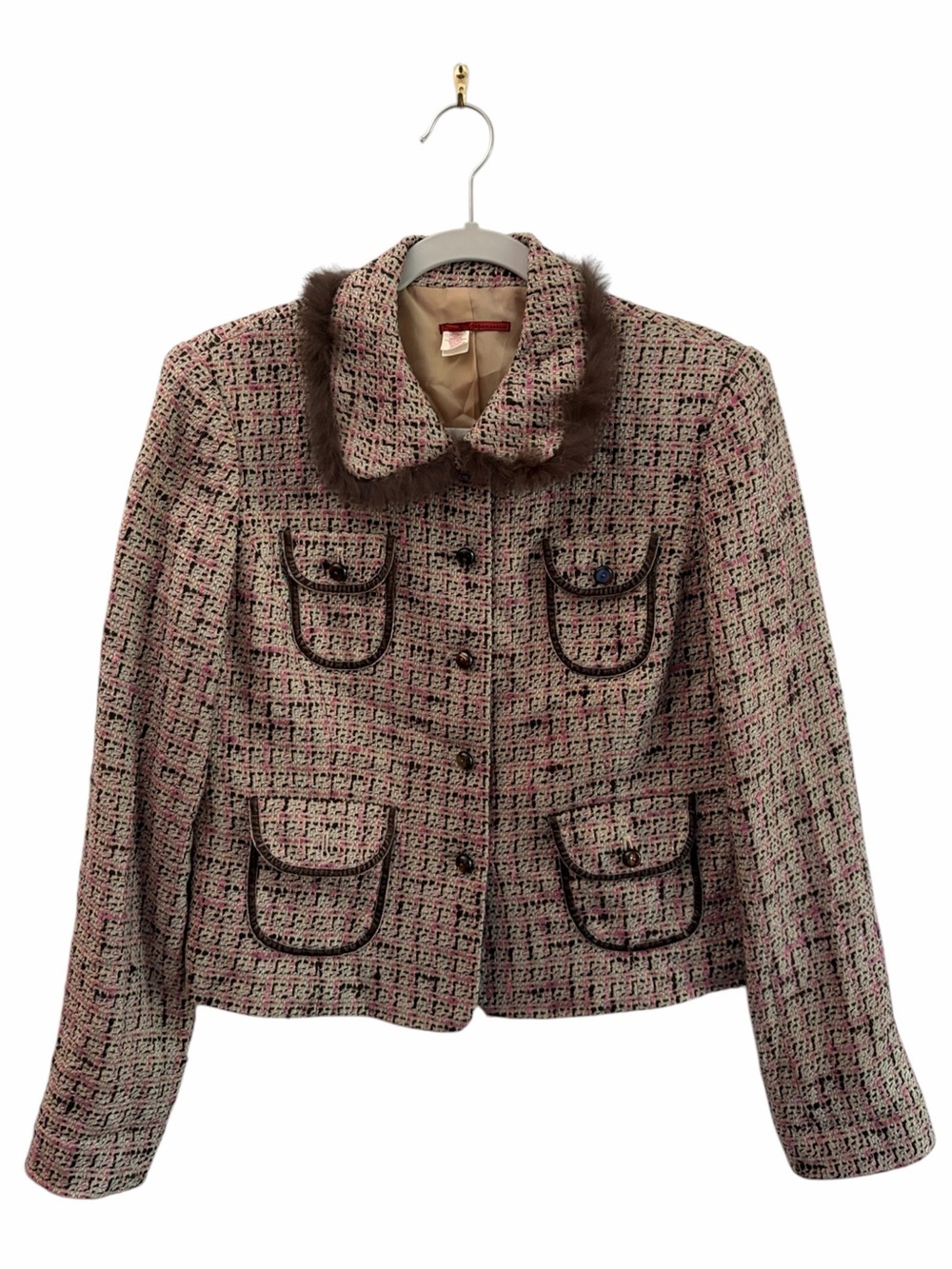 Tapemeasure Y2K Preppy Tweed Couture Style Jacket Faux Fur Collar Size 8